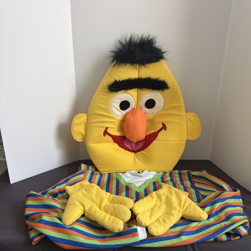 Sesame Street Bert Costume Adult XL Full Jumpsuit Headpiece Gloves Halloween